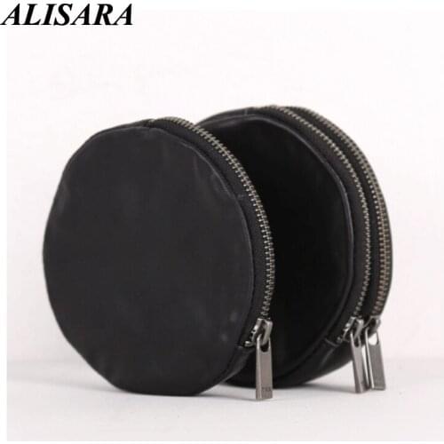 Alisara Storage Coin Pouch First Layer Cow Leather High Quality Round Design Organizer Coin Purses Zipper Credit Card Wallet