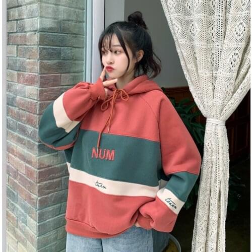 Autumn and winter new student pullover sweatshirt loose casual wild color matching letter embroidery plus velvet thick pullover