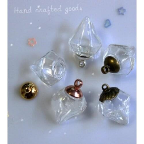 Mini Diamond Shape Empty Glass Bottles Pendant Charms Vials Perfume Wish Bottles Clear glass globe bubble crystal with caps