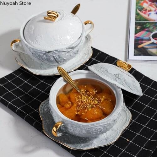 High-grade Ceramic Double Ear Bowl with Lid Gray Marble Embossed Gold Dessert Tray Set 300ML Bowl/home Decoration Tableware