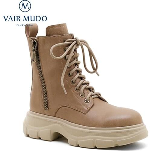 VAIR MUDO Women Boots Shoes Elegant Genuine Leather Footwear Spring Autumn Brown Black Round Toe Cross-Tied Concise Shoes WM-X20