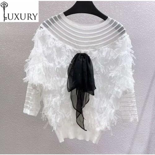 2020 High Quaity Sweaters Spring Summer Pullovers Women Tassel Knitted Bow Deco Half Sleeve Casual White Apricot Black Jumper