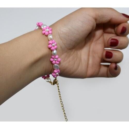 Bridal Women Bracelet Pinky Glass Beads Real Pearl Handmade Beaded Stainless Steel Real-Gold Plated Holiday Accessories Gift