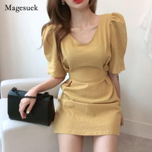 Chic vintage Summer 2021 Women Mini Dress Solid Cotton V-neck Dress for Women Sweet High Waist Slim Party Dress Vestido 14285