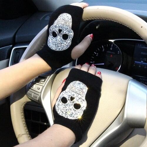 Winter Gloves Women Rhinestone Skull A+ Diamond Crown Half Finger Warm Knitted Black Mittens students Gants Femme