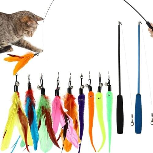 12Pcs Cat Interactive Toys Stick Feather Wand with Small Bell Toys Plastic Artificial Colorful Cat Teaser Toy Pets Supplies