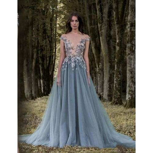 2019 Appliques Tulle Evening Dress Off the shoulder Formal Dress Chic Flower Gown Vestidos Elegantes