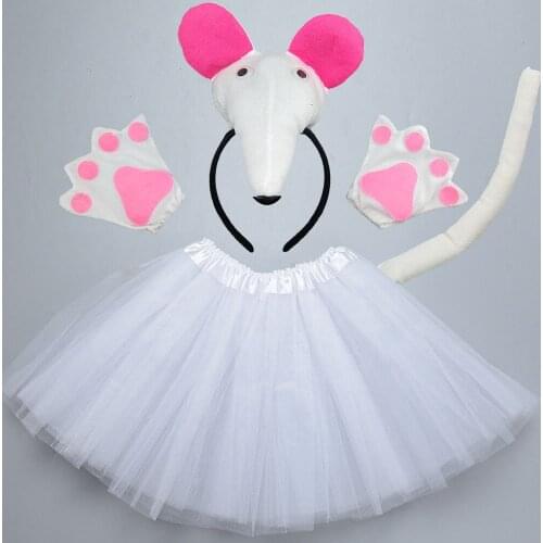White Pink Women Kids Animal Rat Mouse Costume for Birthday Party Carnival Halloween Christmas - Headband Tail Tie Skirt Paw