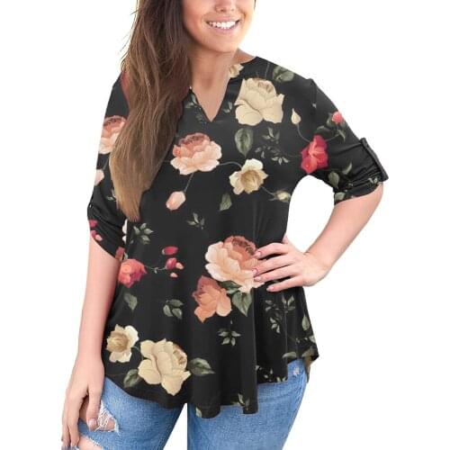 Blouse Womens Causal Loose Print Plus Size Tops 3/4 Roll Sleeve Shirts V Neck Blouses And Tops With Button Big Size Clothing