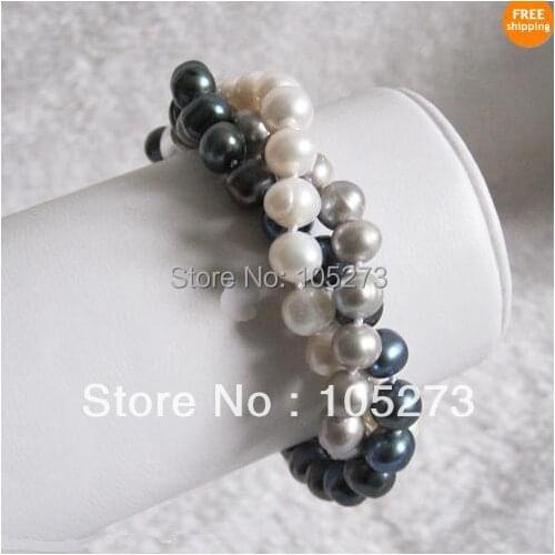 Lovely Pearl Jewelry 8inch 3Rows AA7-8MM Multi Color Off-Round Natural Freshwater Pearl Bracelet Womens Style New Free Shipping