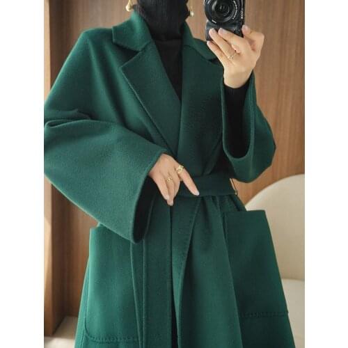 Sheep onion water ripple double-sided cashmere coat 2021 autumn and winter womens wear medium long loose Korean lace up wool