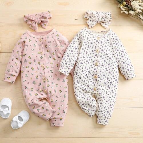 Lovely Soft Cotton Long Sleeve Baby Romper Kids Toddler Flower Print O-Neck Casual Jumpsuit+Headband for Spring Fall 0-18 Months