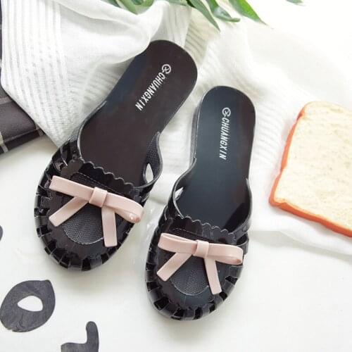Summer plastic jelly slippers female toe cap covering slippers slip-resistant beach slippers female casual bow flat slippers