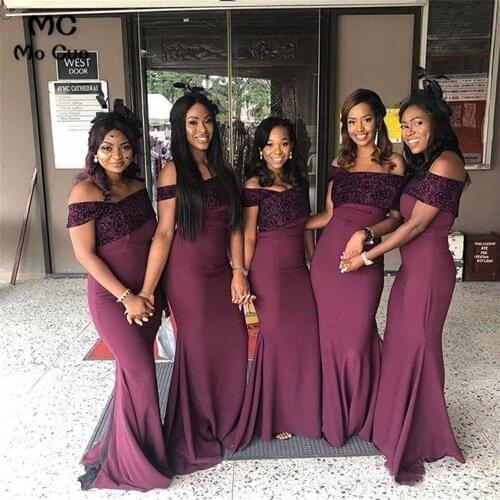 New 2020 Mermaid Wedding Party Dress Bridesmaid Dresses Long Black Lace Short Sleeves Elastic Satin Women Bridesmaid Dresses