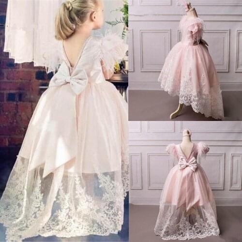 Pink Flower Girl Dress White Lace Feather with bow High Low Style Real Pictures Girls Pageant Gowns Birthday Party Dresses