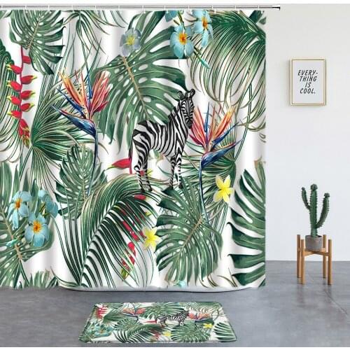 Tropical Plants Green Leaf Zebra Print Shower Curtains Non-slip Rug ​Bathroom Screen Room Decoration Bath Mats Entrance Door Mat