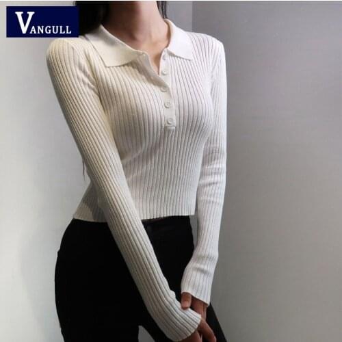 Vangull Solid Knitted Pullovers Women Spring Autumn Vintage Lapel Single-breasted Short Slim Sweater Tops Female Basic Knitwear