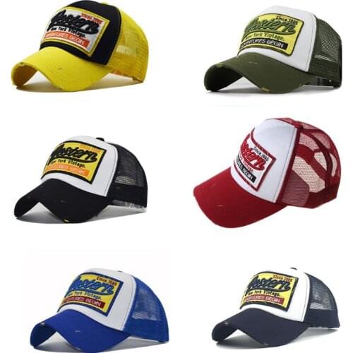 Unisex Vintage Western Letters Embroidered Logo Patch Baseball Cap Breathable Mesh Back Casual Distressed Snapback Trucker Hat