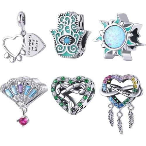 BISAER 925 Sterling Silver Opal Sun Fatimid Eye Coloful Dazzling Fan Charms Dreamcatcher For Bracelet DIY Jewelry Making ECC1909