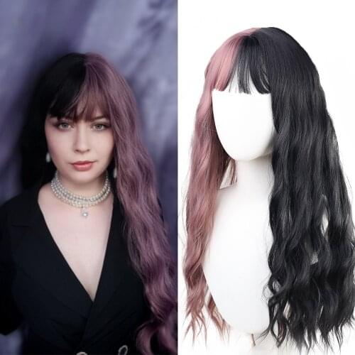 YunRong Long Water Wave Pink Wig with Bangs Red Brown Color Synthetic Hair Cosplay Wig For Female Heat Resistant Fiber