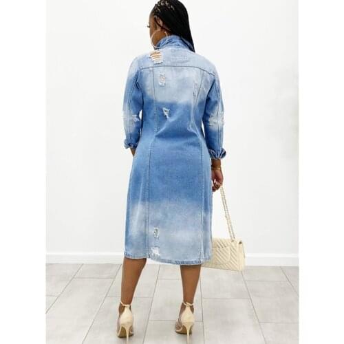 Women Plus Size Long Sleeve Denim Jacket Trench Coat Cardigan Jeans Cape New Spring Fall Fashion Sexy Hole Cotton Long Coat Ddlg