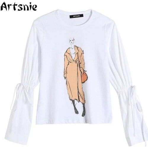 Artsnie Character Print T Shirt Women Spring 2021 O Neck Flare Sleeve Tops Streetwear Casual White Knitted Lace Up T-shirts