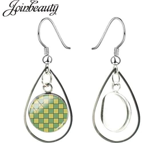 JOINBEAUTY Yellow Green Square Chessboard Water Drop Pendant Earrings Simple Round Glass Dangle Earring Hollow Out Jewelry TX547