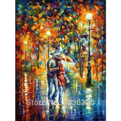 Lovers hold umbrella walking in the rain romantic canvas oil painting handmade knife modern paintings landscape for wall decor