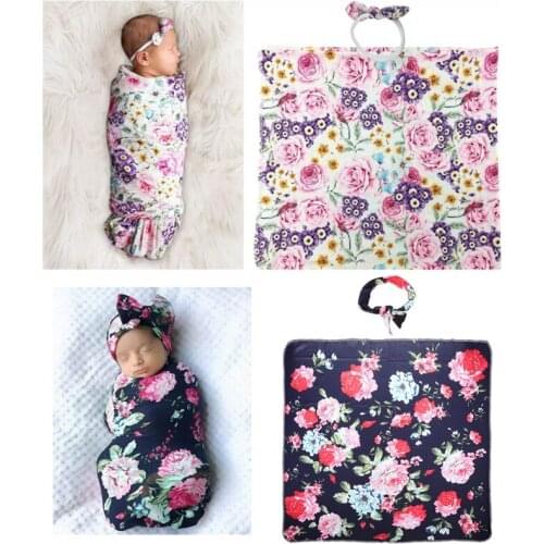 2 Pcs Newborn Floral Swaddle Wrap+ Headband Set Baby Cotton Receiving Blanket P31B
