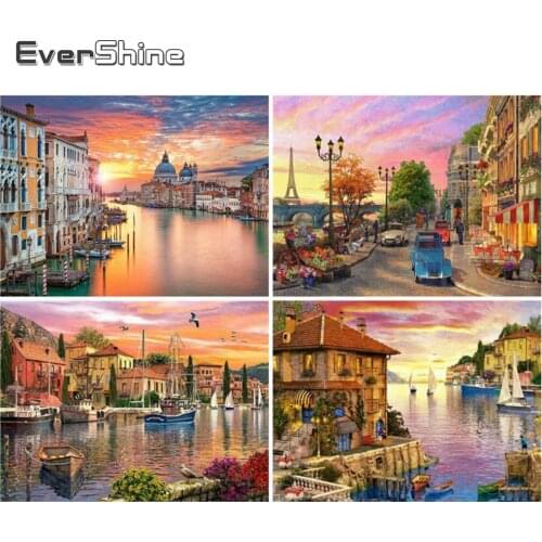 EverShine Diamond Mosaic Full Square Drill Town Cross Stitch 5D DIY Diamond Embroidery House Home Decor Picture Of Rhinestones