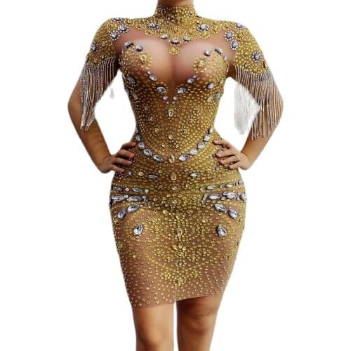 Shining Big Crystals Mesh Sexy Mini Dresses Sparkly Rhinestone Fringes Party Nightclub Outfit Singer Stage Performance Costumes