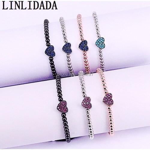 10Pcs Fashion Womans Charm Bracelets Micro Pave CZ Heart &4mm Round Beads Popular Braiding Macrame Bracelets Jewelry
