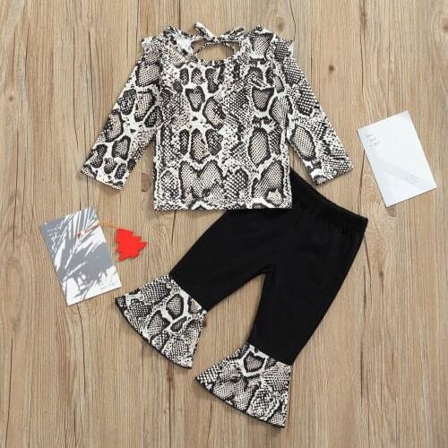 1-5Years Kids Snake Skin Pants Set, Long Sleeve Round Neck Long Patchwork Bell-bottoms Pants Kids Clothing