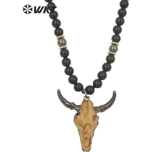 WT-N774 Wholesale Custom Unique Designs Black Gun Plated OX Horn Pendant Necklace With Black Beads For 32 Inch