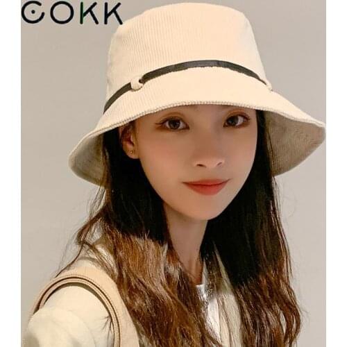 COKK Bucket Hat Women Winter Autumn Cotton Fisherman Cap With Belt Casual Solid Color Simple Bob Hat Cap Female New 2021 Korean
