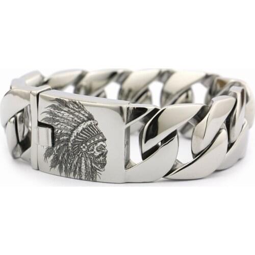 Deep Engraved Stainless Steel Indian Chief Skull Mens Biker Bracelet 5D301A