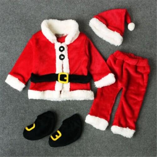 Christmas Costume For Baby Boy Girl Solid Color Long Sleeve Santa Claus Tops+Long Pants+Hat+Shoes Xmas Clothes 4 Piece Set