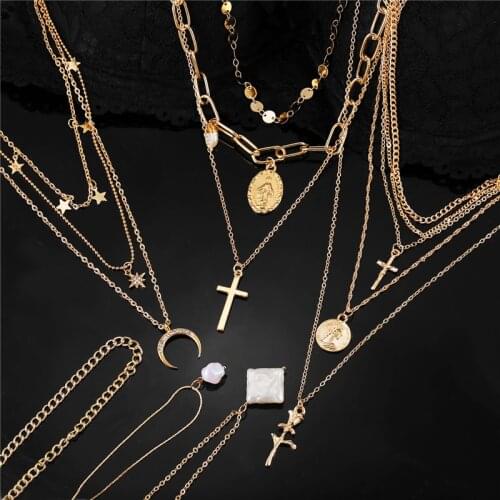 KSRA New Bohemia Vintage Geometric Pearl Necklace For Women Fashion Gold Moon Star Cross Chain Pendant Necklaces Boho Jewelry