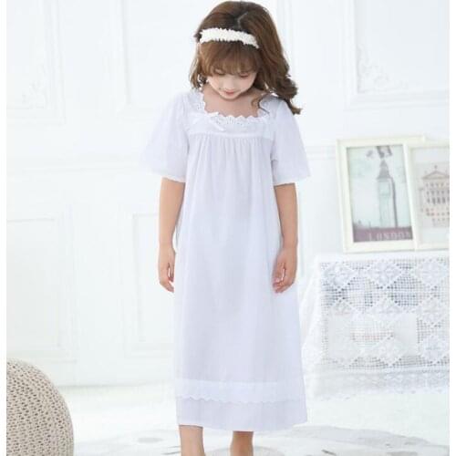 Summer Girls Nightgown Dress Baby Girl White Bow Cotton Pajamas Dress Kidis Bow Sleepwear Clothing 6 8 10 12Year