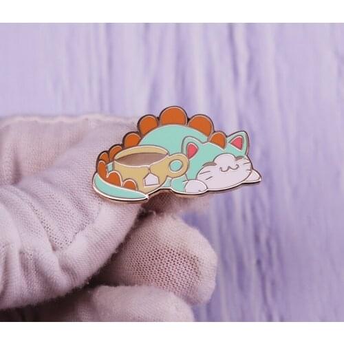 Cute Tea Lover Lazy Nap Cat Dinosaur Brooch Enamel Pin Tea-Rex Metal Badge Fashion Jewelry Accessories