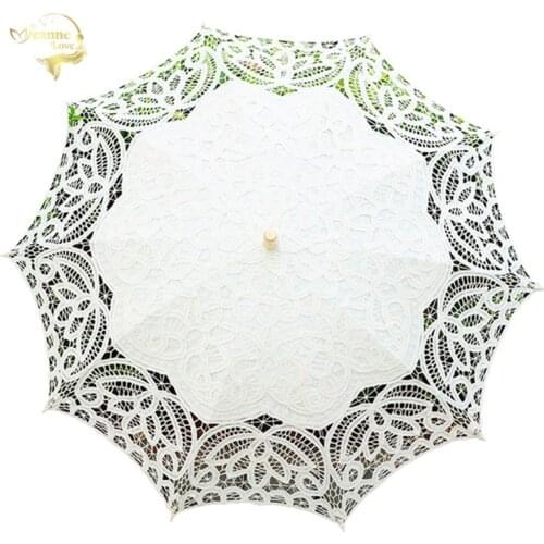 Fashion White Beige Lace Sun Umbrella Parasol Cotton Embroidery Lace Umbrella Prom Wedding Umbrella For Bride Mariage Decoration