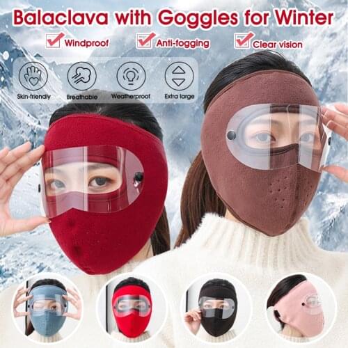 Balaclava 360° Full Face Shiled with Clear Goggles Spring Windproof Fleece Lined Face Cover Adjustable Hook and Loop Closure