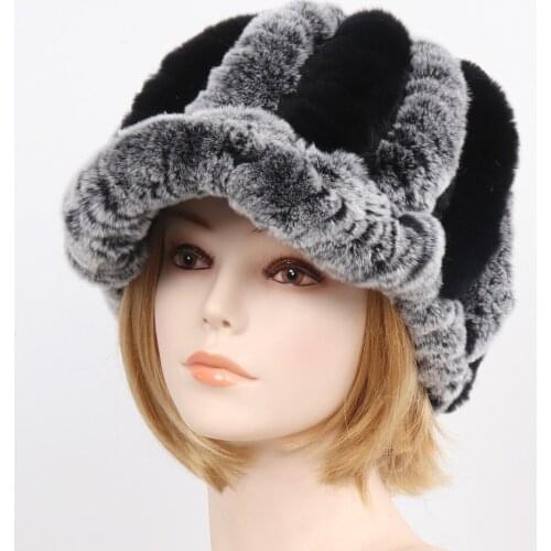 2021 New Women Knit Real Rex Rabbit Fur Striped Hats Winter Warm Floral Genuine Fur Caps Lady Natural Fur Hat Wholesale Retail