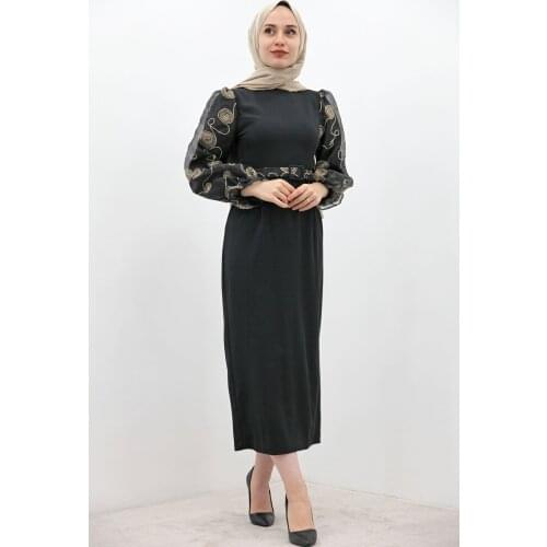 New Season Muslim Women Sleeve Tulle Embroidered Dress Hijab Dress Blue And Green Abaya Kaftan Hijab Long Dubai Africa