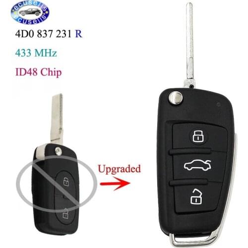 Upgraded 3 Buttons Flip Remote Car Key Fob 433MHz ID48 Chip for Audi P/N: 4D0 837 231 R