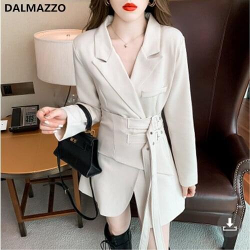 DALMAZZO Fashion Black White Women Lace Up Jacket Coat 2021 Autumn Winter Ladies Lapel Temperament Office Work Long Coats Female