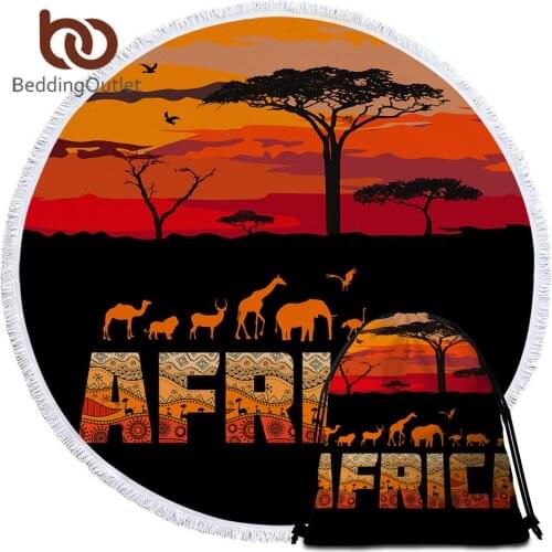 BeddingOutlet African Towels Bathroom Animals Ethnic Round Beach Towel Giraffe Deer Beach Mat Orange Red Sunset Microfiber Towel