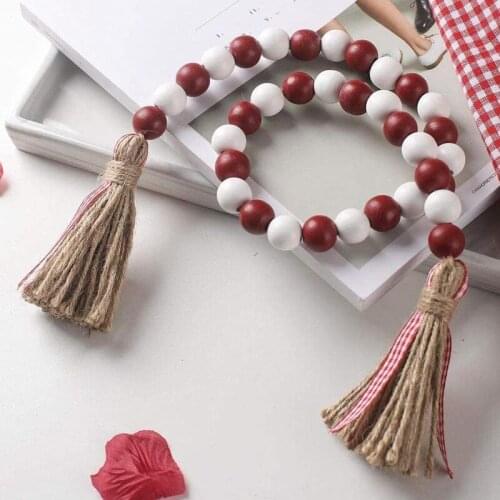 Christmas Wood Bead Garland with Tassels Rustic Farmhouse Tiered Tray Holiday Decorations Red and White Wooden Bead