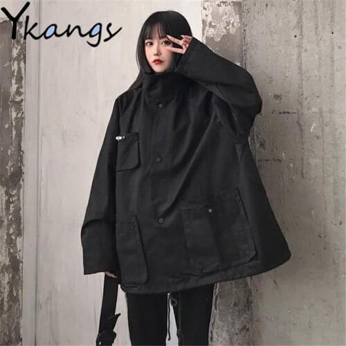 Harajuku Loose Cargo Coat Korean Style Gothic Trend Black Baseball Uniform Spring Autumn Bf Vintage Simple Cool Girl Streetwear