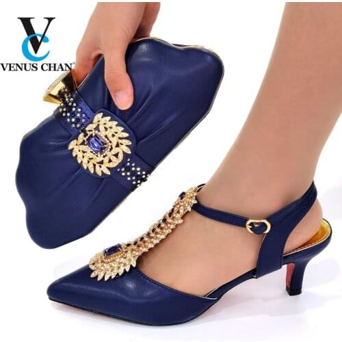 Deep Blue High Quality African Ladies Shoes and Bag to Match 2021 Spring Special Design High Heels Comfortable Sandals